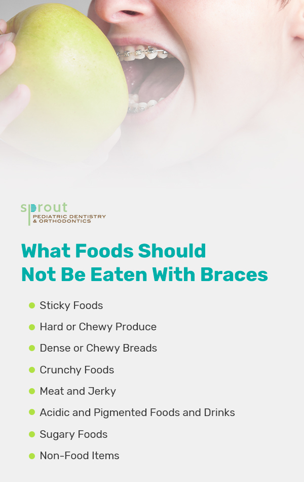 Sticky foods, hard or chewy produce, crunchy foods, and more should all not be eaten with braces.