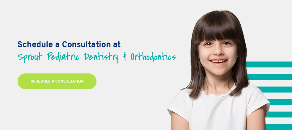 Girl smiling next to a banner for Sprout Pediatric Dentistry & Orthodontics.